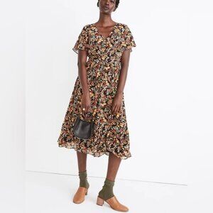 Madewell Floral Midi Dress – Size 4, V-Neck Flutter Sleeve Black Multi-Color